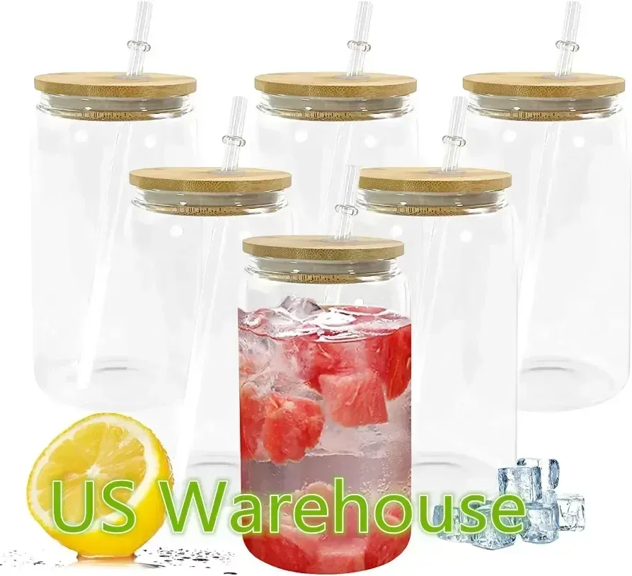 US Warehouse Sublimation Mason Jar Clear 16 oz Glass Straight Tumbler Glass Sublimation Cups with Splash-proof Lid and Straw Reusable Drinking Stock
