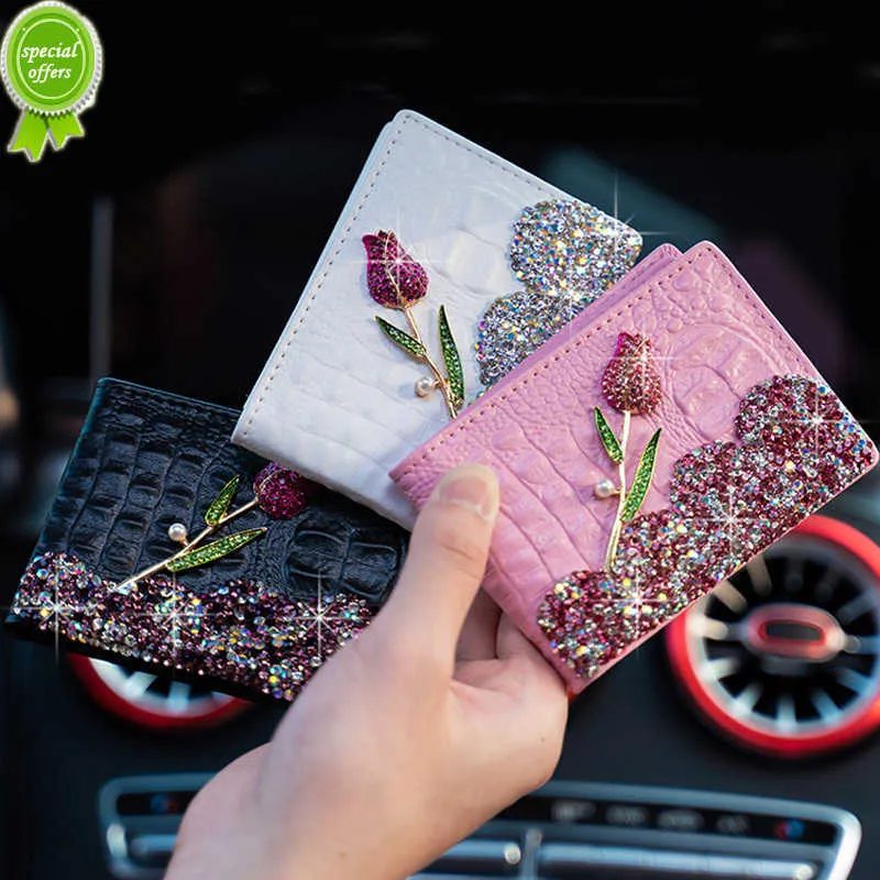 Nieuwe lederen rijbewijshouder Rose Flower Diamond Crystal Autosleutel Tas Portemonnee Portemonnee Vrouwen Creditcard Pocket Case