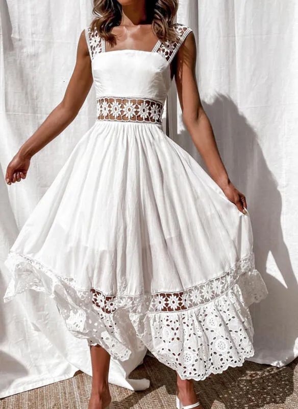 Basic Casual Dresses Womens Dress White Hollow Out Cotton Sundress Lace Sleeveless Long Splicing Summer Party Elegant Evening Woman Skirt Clothing 230531