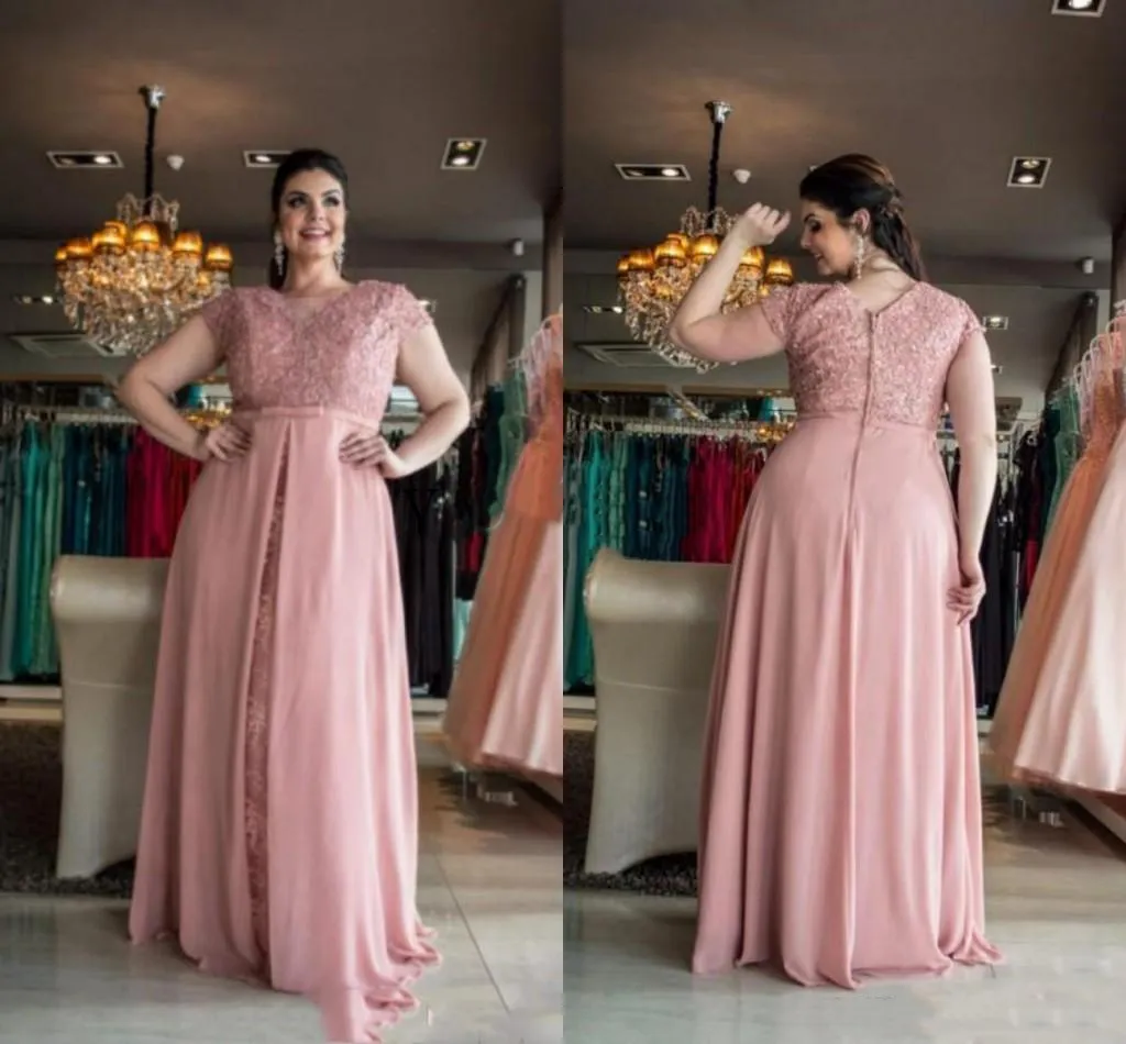 Blush Plus Size Mother Of The Bride Dresses 2023 Short Sleeve Lace Chiffon Floor Length Long Formal Women Wedding Evening Guest Gowns