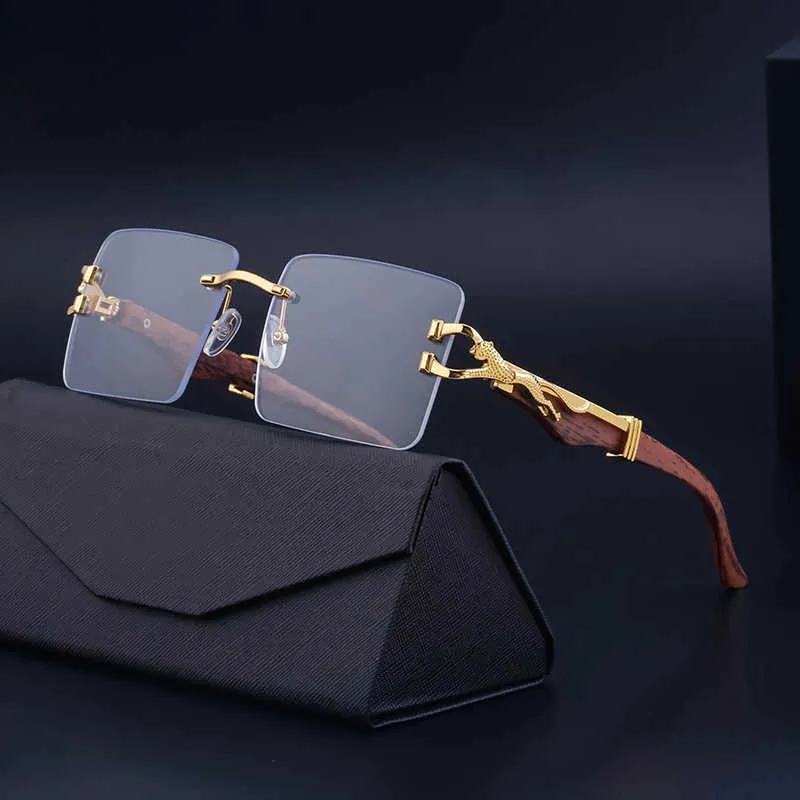 Fashion Sunglasses Rimless Rectangle Leopard Wood Grain  display picture 1