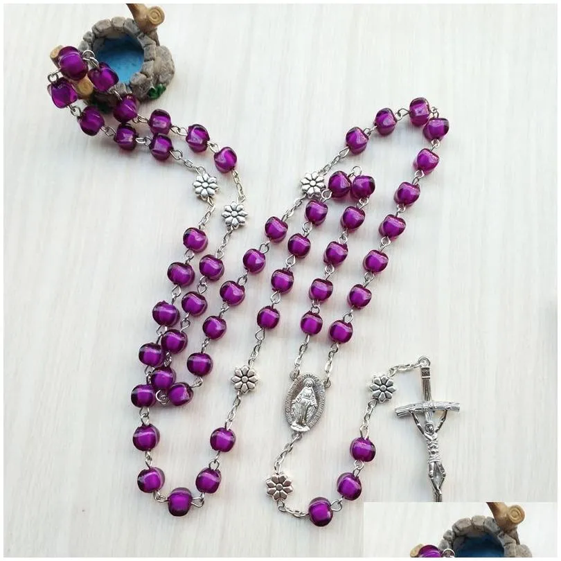 Colares com Pingente Vintage Jesus Cruz Rosário Colar Roxo Acrílico Longo Para Mulheres Jóias Religiosas Drop Delivery Pingentes Dhusm