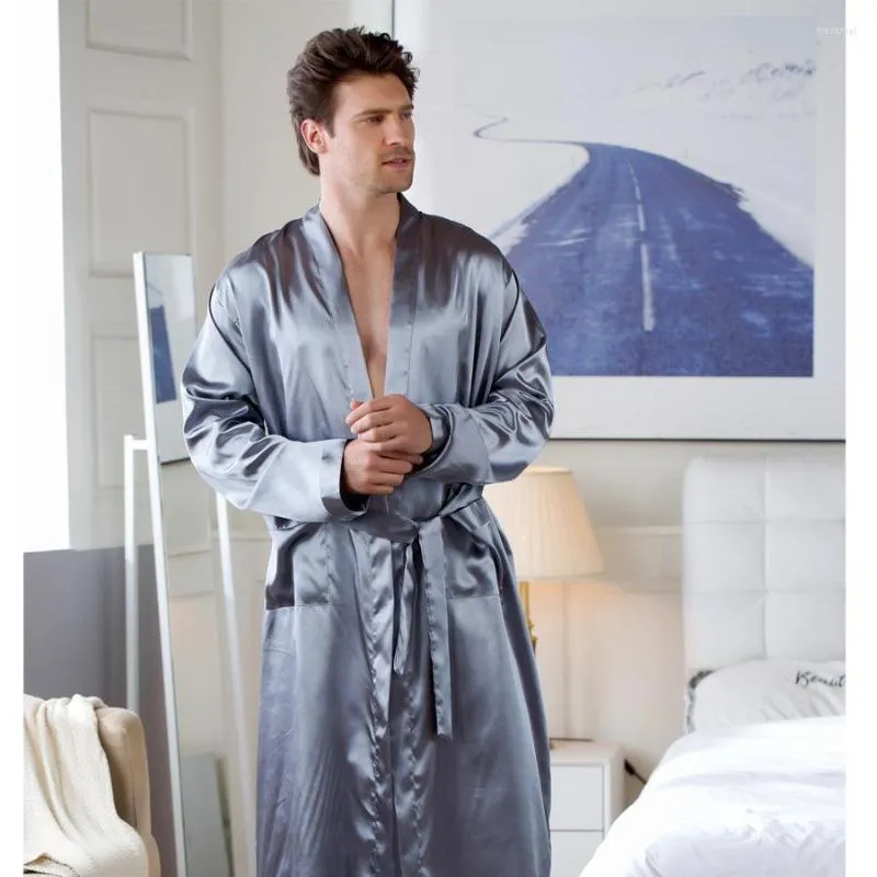 Men's Sleepwear Plus Size Male Kimono Bath Robe Gown Gray Long Sleeve V-Neck Nightwear With Belt Pocket Spring Summer Men Home Clothes