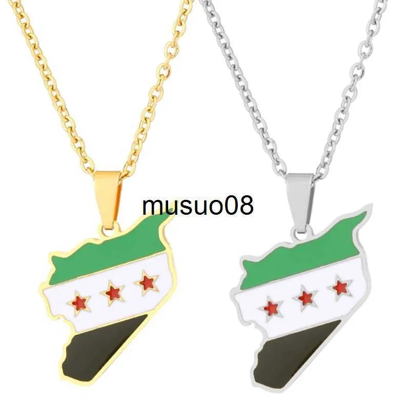 Pendentif Colliers 28TF Unisexe Syrie Pays Carte Drapeau Pendentif Collier Or Argent Couleur Chaîne Collier Ras Du Cou Bijoux Fête De Noël Ornement J230601