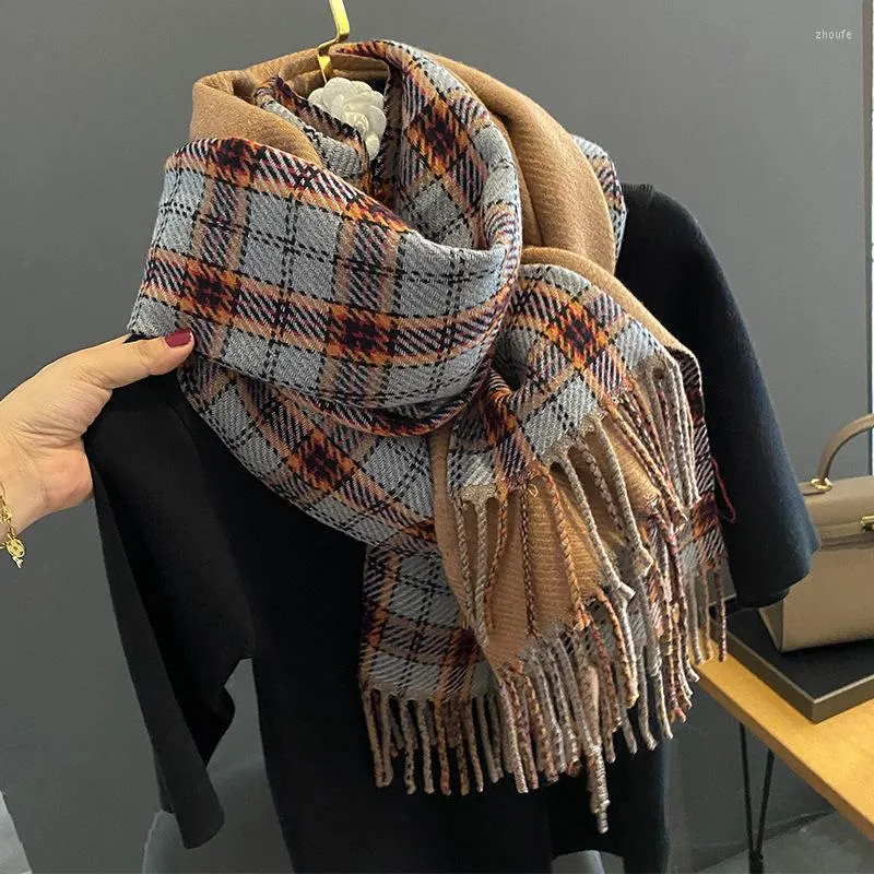 Bufandas de invierno 2023 para mujer, bufanda a cuadros con estampado de chal, Foulard de Cachemira para mujer, pañuelo grueso de diseñador