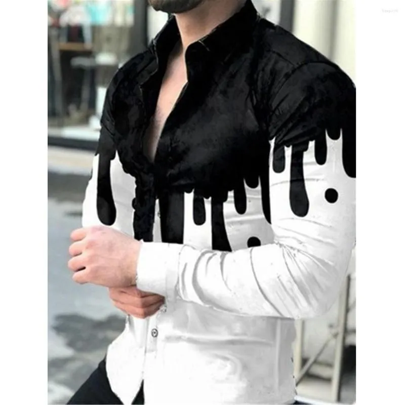 Camisas casuais masculinas primavera outono homens manga longa gola abotoada impressão digital bolinhas viradas para baixo tops S-3XL camisa
