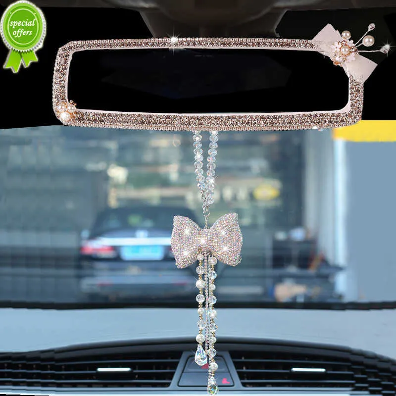 New Creative Rhinestone Bowknot Car Interior Mirror Cover Decor Charm Crystal Diamond Rear View Mirror Ornament Auto Accessories