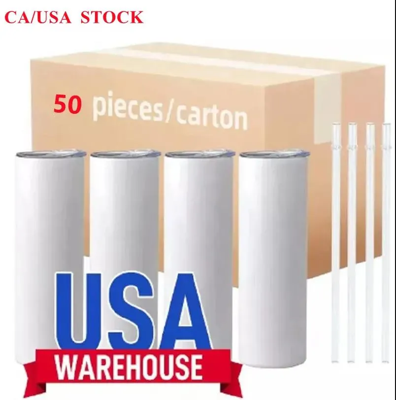 US /CA 지역 창고 승화 블랭크 머그잔 20oz 스테인리스 스틸 스트레이트 텀블러 뚜껑과 밀짚 열전달 컵이있는 흰색 텀블러 물병 50 pc /carton