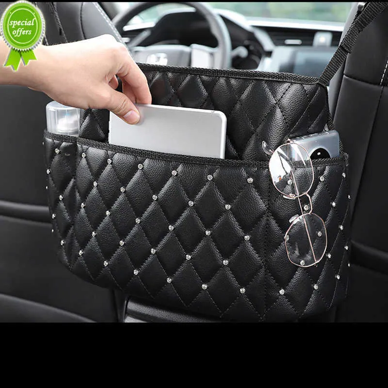 Nuovo organizzatore di immagazzinaggio del seggiolino auto con strass Porta borsa in pelle diamantata per la tasca del telefono di stoccaggio della borsa Barriera del sedile posteriore Pet Kids