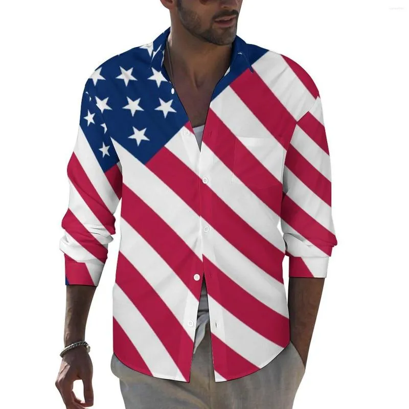 Men's Casual Shirts Patriotic American Flag Shirt Stars And Stripes Print Harajuku Design Blouses Long Sleeve Vintage Oversize Clothes