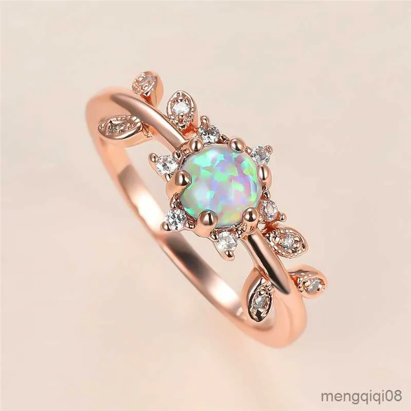 Anillos de banda, bonito anillo redondo blanco para mujer, Color oro rosa, boda fina para mujer, novia de lujo, compromiso de cristal