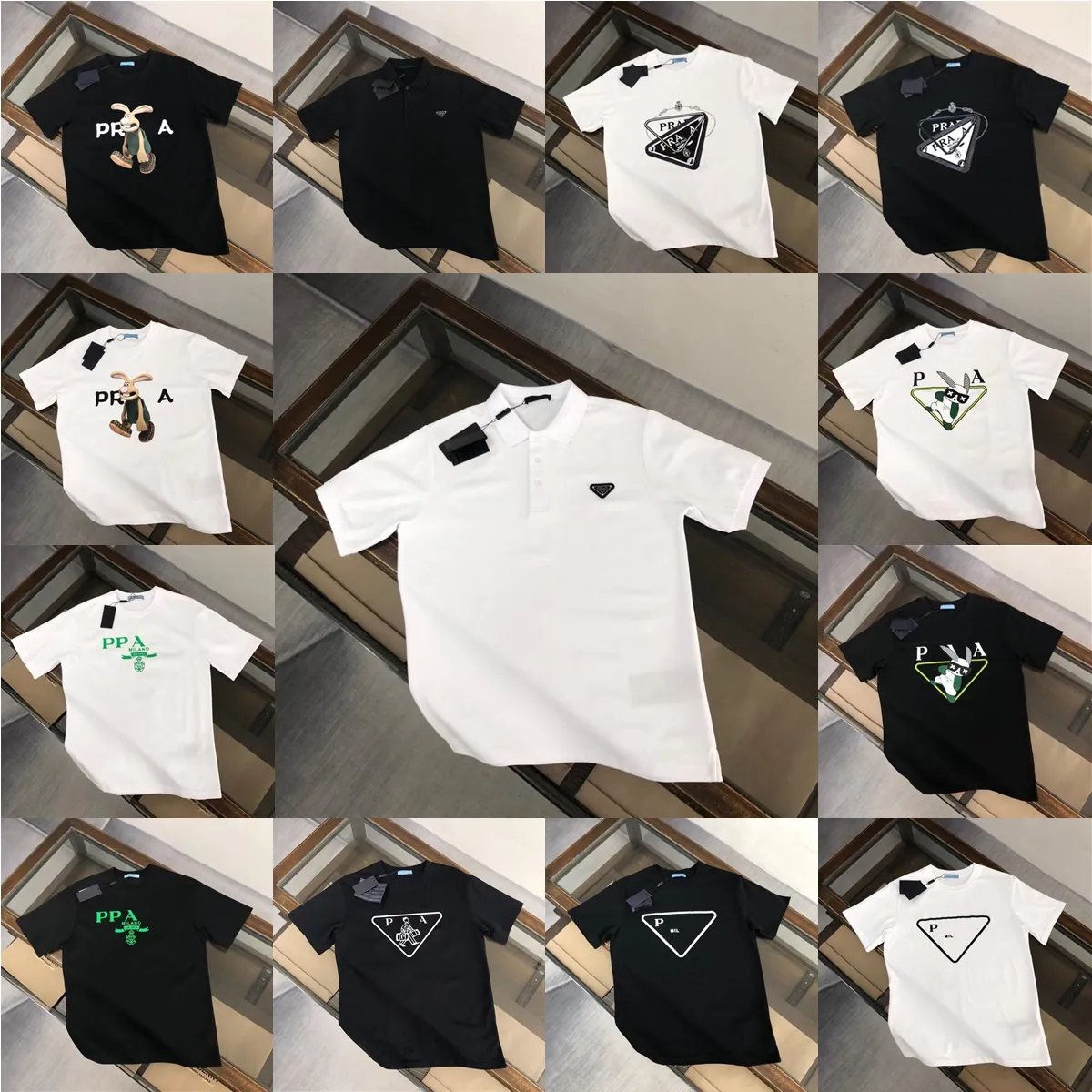 P-ra 47 Estilos Designer Original Marca Pólos Masculinos Camisa de Alta Qualidade Verão Moda Casual Esporte Homem T-shirt Feminino Triângulo T Mangas Curtas 100% Algodão T-shirts Tops