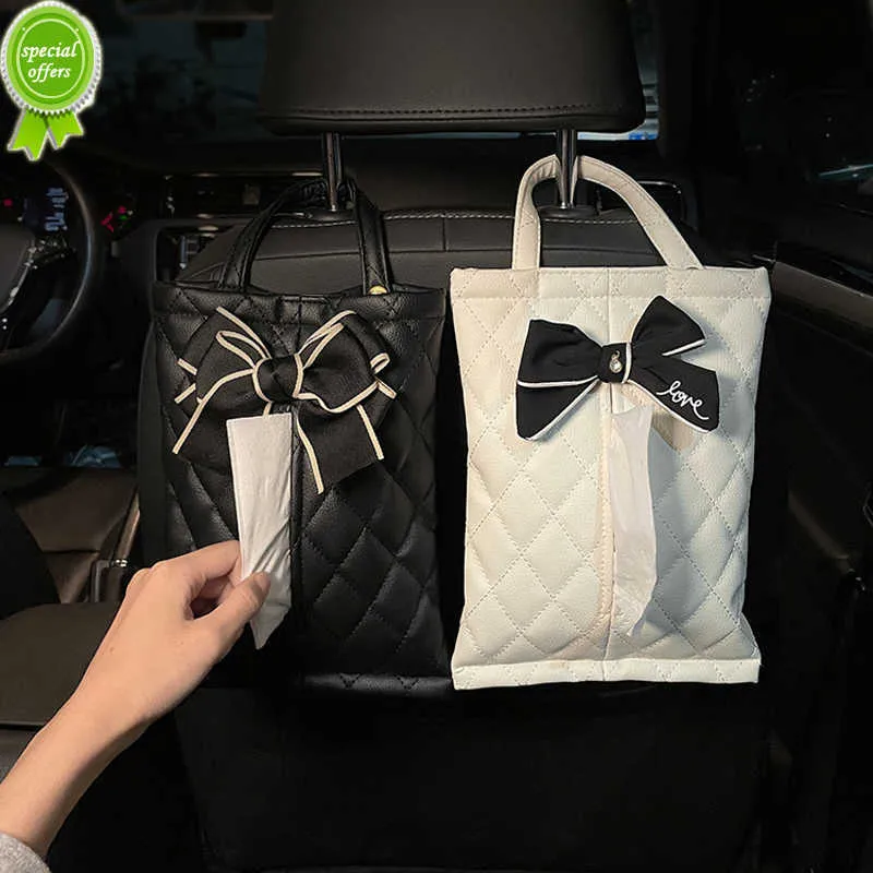 Ny Fashion Bowknot Läder Bilvävnadslådor Söta Auto Seat Back Tissue Bag Organizer Car Decoration Auto Interiör Förvaringsväska