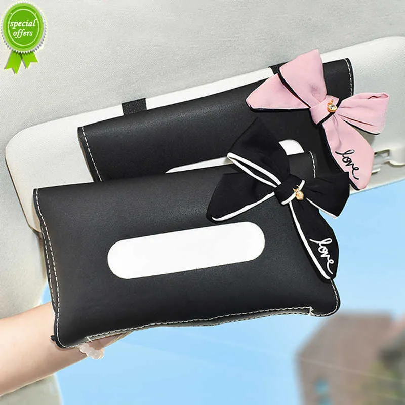 New Cute Diamond Bowknot Car Tissue Box Sun Visor Leather Auto Tissue Paper Bag Sunvisor Hanging Holder Case Napkin Car Accessories