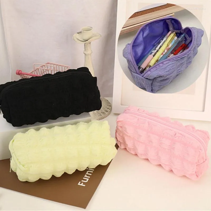 Solid Color Pencil Case Zipper Bags Large Capacity Stationery Organizer Pouch School Supplies Cosmetic Make Up Storage