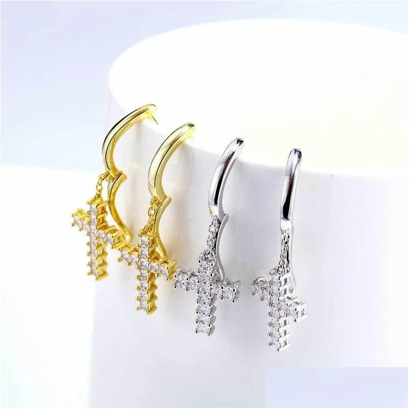 Dangle Chandelier Mens Women Hip Hop Earrings Jewelry High Quality Fashion Round Gold Sier Diamond Cross For Men Drop Delivery Dhkfn