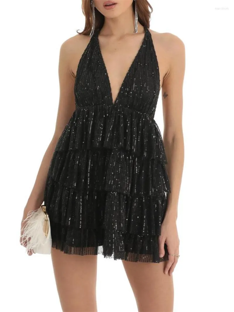 Robes décontractées TRURENDI Femmes Tassel Sequin Dress Spaghetti Strap Backless Tie Up Mini Sparkly Sexy Y2K Party Dance