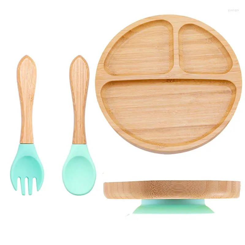 Bowls Bopoobo 3Pcs/Set Baby Bamboo Sucker Plates Fork Spoon Sets Non-slip Tableware Children's Feeding Dishes BPA Free Drop