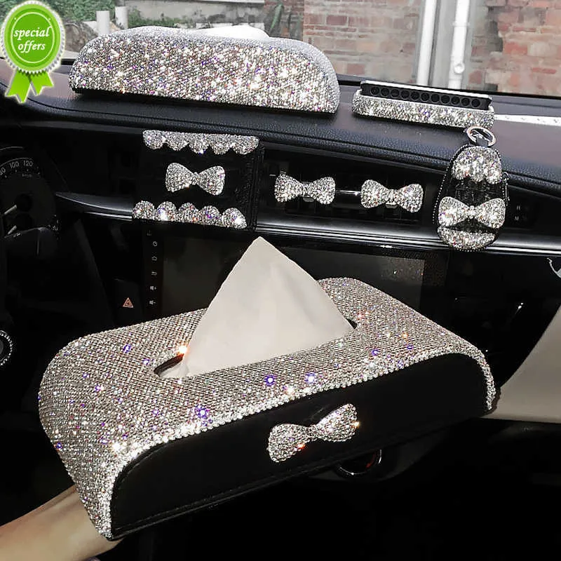 Nouveau mignon nœud papillon Bling cristal voiture boîte à mouchoirs universel voiture accoudoir porte-papier couverture diamant strass voiture intérieur accessoires