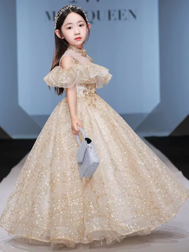 Gold Ball Pink Flower Girls Dresses For Weddings Off Shoulder Hand Made Flowers Long Birthday Children Girl Pageant Bridesmaid Dress Sequined Shiny Gown 403 From 77 48 DHgate