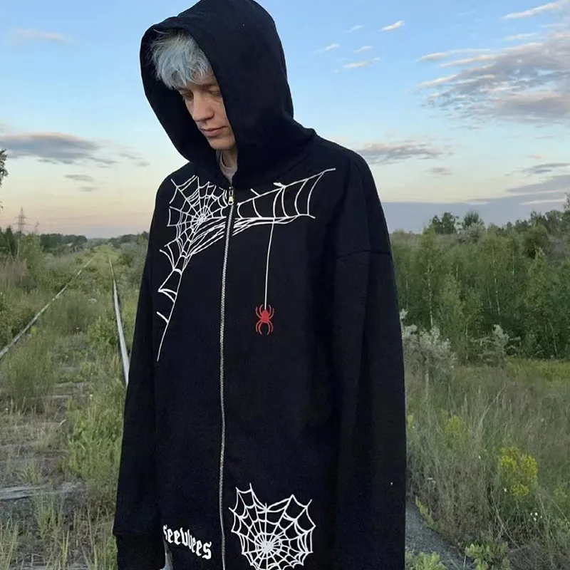 Spider Web Skeleton Embellished Men's sweatshirt - Y2K Spider Web Skeleton Embellished Men's sweatshirt - Y2K