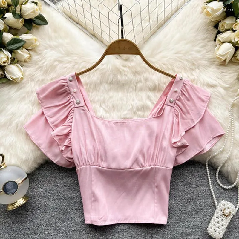 Blusas Femininas Blusa Vintage Mulher Camisa Estilo Francês Bluzas Mujer Manga Curta Puff Para Mulheres Sweet Crop Top Drop