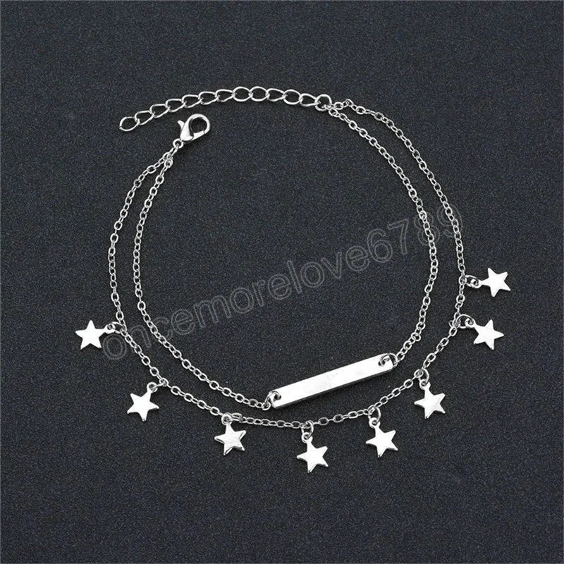 Boho Gold Star Pendant Ankel Armband Summerskikt Justerbar tofs fot Ankletter för kvinnor flickor brudsmycken