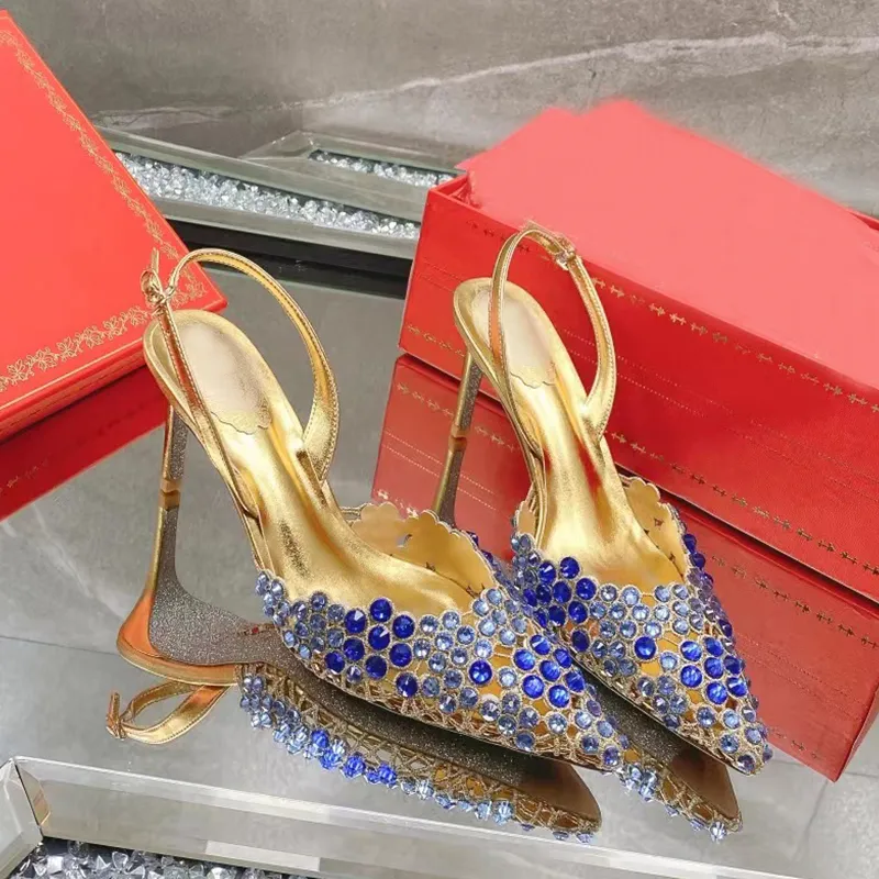 2023 Designer High heels luxury brand Sandals Heel Height 7.5cm Heavy Industry RC Crystal gem woven wedding shoes series gem pointed women's wedding shoes after empty