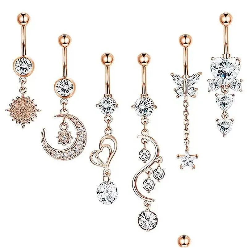 Кнопка пупок Bell Rings 6pcs/Set Women Crystal Zircon Moon Heart свисает пронзительное кольцо живота, кузов, выпадает в Dhmjq