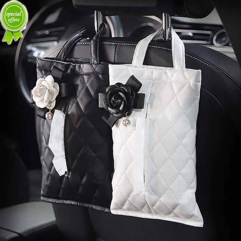 Neue Mode Perle Kamelie Blume Auto Kopfstütze Tissue Tasche Auto Sitz Hängen Leder Papier Box Turm Halter Styling Auto Zubehör