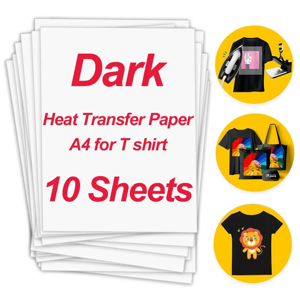 Papel 10 folhas A4 Papel de transferência de calor para tecido de algodão escuro Roupas de camisa Bolsa de impressão Diy Photo Work para impressora a jato de tinta