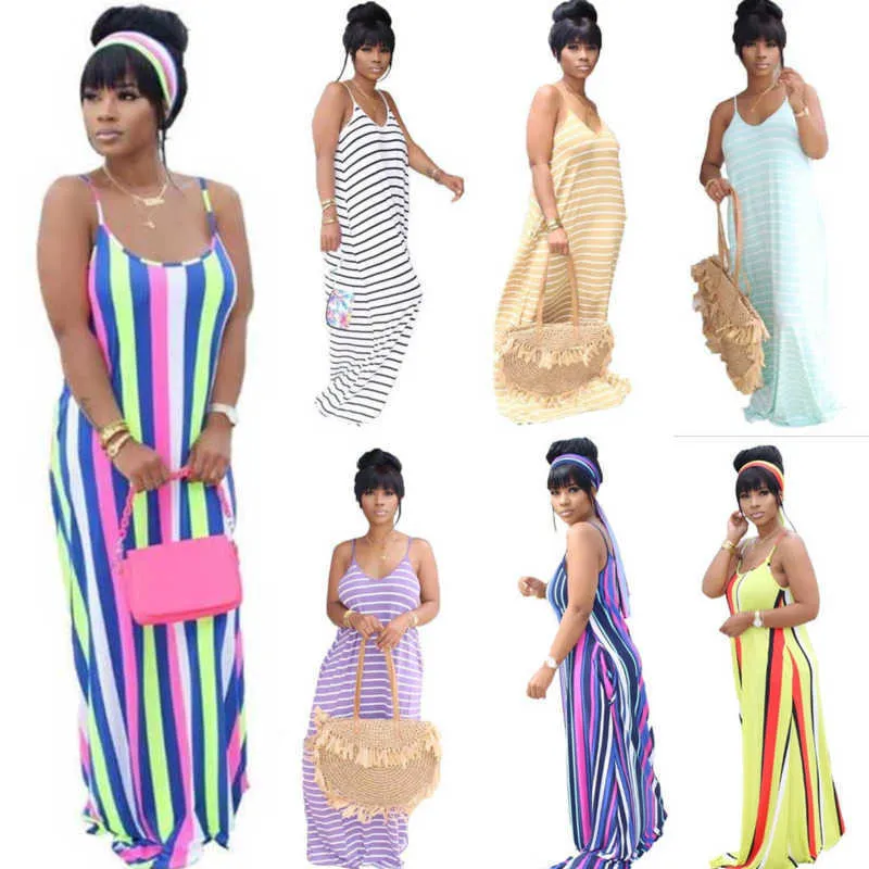 Designer Women Casual Dresses With Headscarf Sexy Sling Sleeveless Colourful Stripe Printed Sundress Wedding Maxi Dress