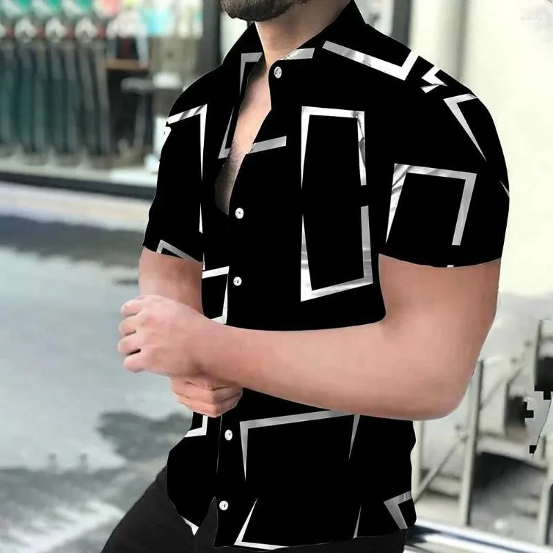 Camisas informales para hombre, moda de verano para hombre, ropa de calle holgada 2023, blusas con botones versátiles de manga corta con patrón geométrico abstracto 3D para hombre