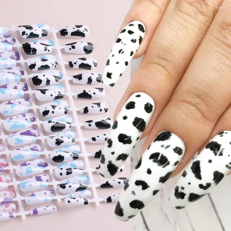 Unhas postiças 24 pçs preto branco impressão de vaca pressionada com desenhos cola de caixão longa cobertura completa pontas de unhas acrílicas NTNN01-04