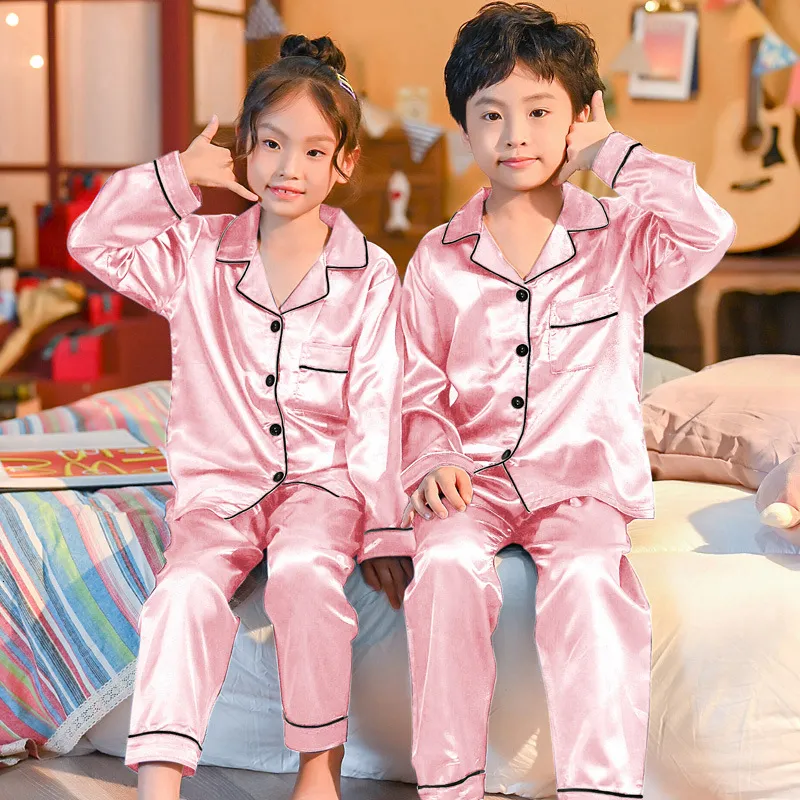 Silk Satin Kids Pyjama Set Long Sleeve Sleepwear For Boys And Girls, Autumn/ Winter Nightwear Style #230601 From Pang07, $7.7