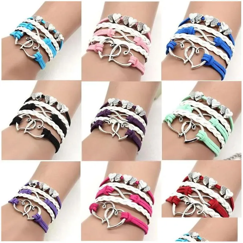 Charm Bracelets Double Heart Wrap Infinity Love Wax Leather Women Men Bracelet Jewelry Drop Delivery Dhf17