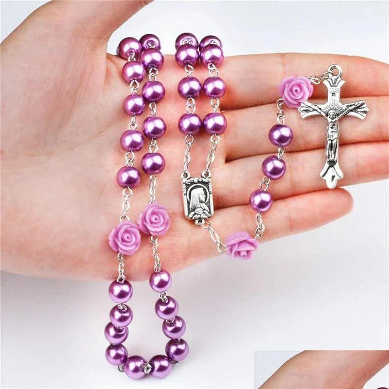 Pendentif Colliers 4 Couleurs Rose Rose Chapelet Madonna Jésus Croix Collier Pendentifs Perle De Mode Bijoux Drop Delivery Dh3Zw