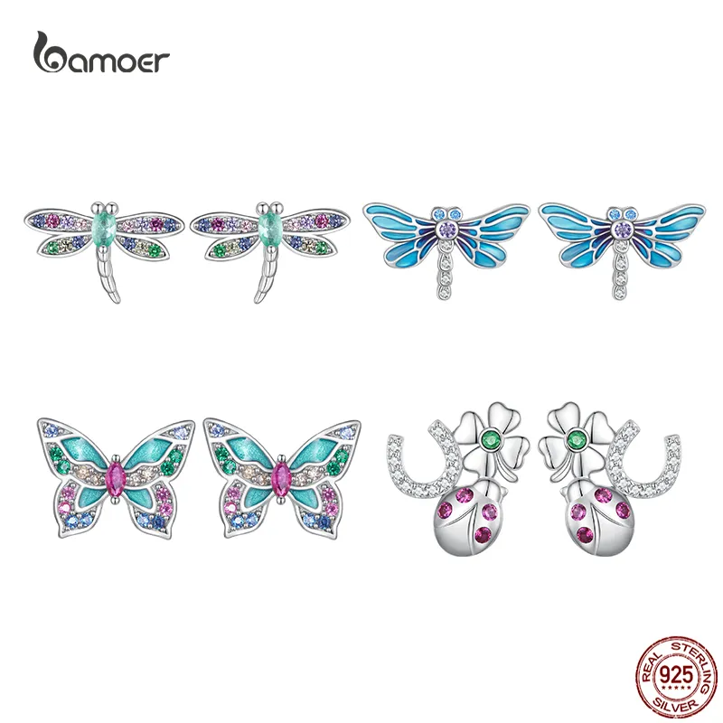 Bamoer 925 Sterling Srebrny Rainbow Zircon Dragonfly Kolczyki dla kobiet Butterfly Pszczoła owadowe Uszczep Prezenty biżuterii