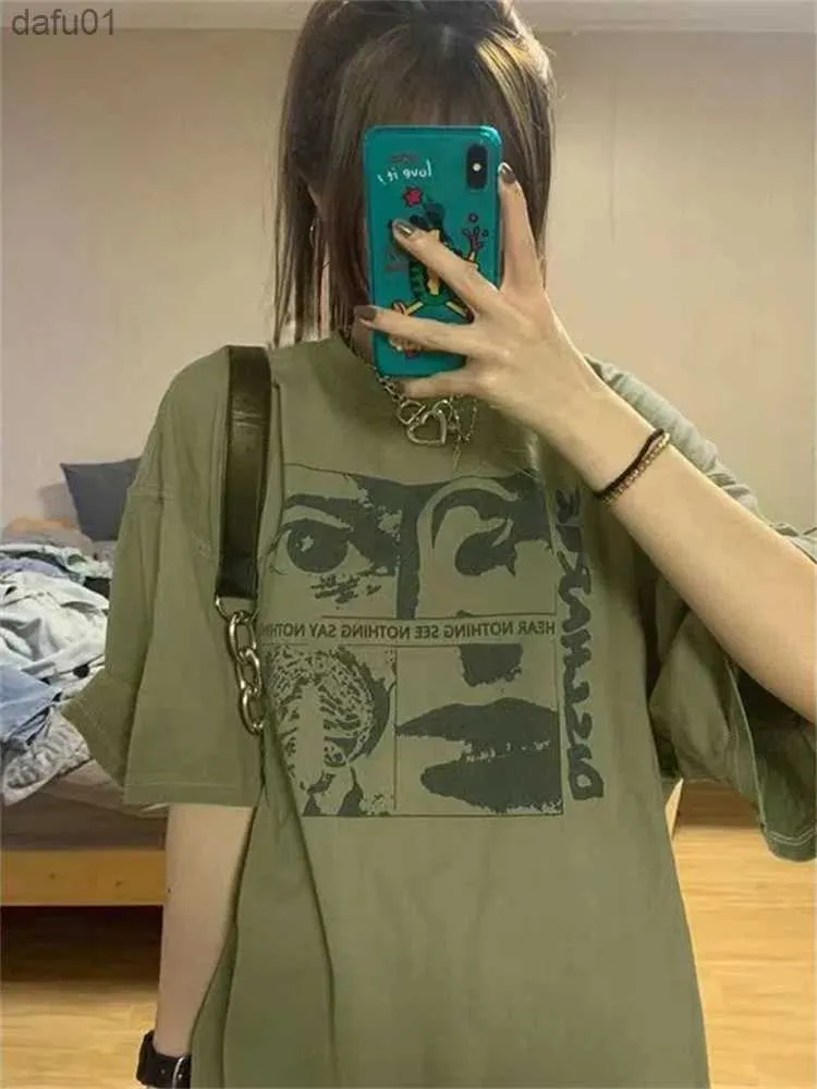 Qweek Y2K Grunge Графическая футболка Green Top Corean Fashion Harajuku негабаритные женщины Tees 90-х