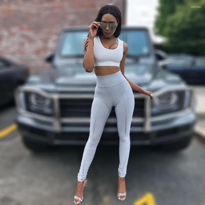 Women's Two Piece Pants Reflective Set White Crop Top And Grey High Waisted Stripes Embroidered Leggings Gym Outfit 2