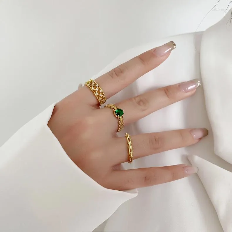 Cluster Rings Gold Color Koreas retro Green Cubic Zircon Ring for Women Party Fashion Simple Versatile Open Elegant Ladies 'Jewelry