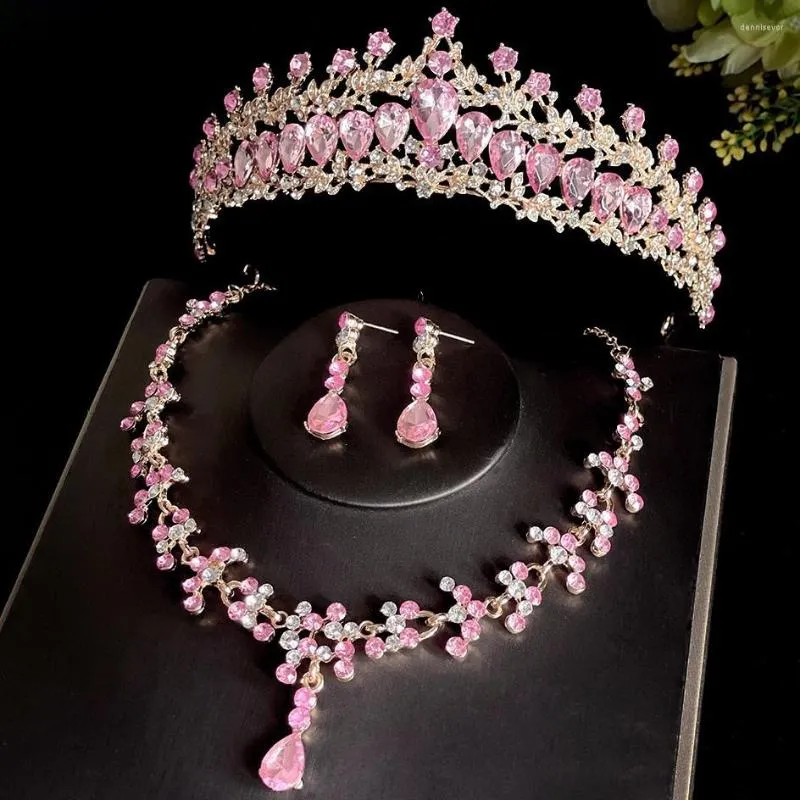 Bridal Jewelry Set Necklace and Earrings Water Drop Pink  display picture 3
