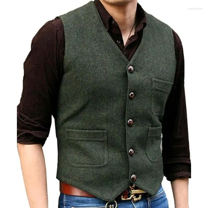 Herenpakken Groen Zwart Blauw Formele Zakelijke Vest V-hals Wol Visgraat Tweed Heren Pak Casual Vest Voor Bruiloft Bruidegom Party