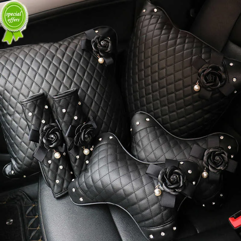 Black Camellia Flower Car Seat Leather Lumbar Pillow With Crystal  Rhinestones And Leather Interior Decoration From Skywhite, $5.4