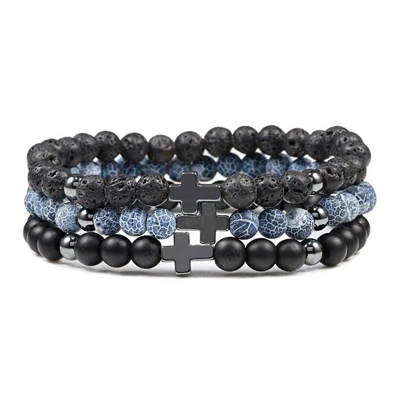 Frisado 6 mm Preto Lava Pedra Pedra Onyx Contas Pulseiras Clássico Cruz Stretch Olho de Tigre Pulseira Religião Mulheres Homens Jóia Pulso Dhwqi