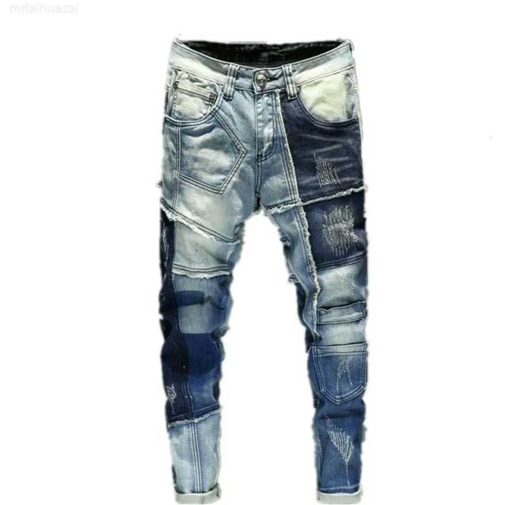 Med jeans för män med Slim Fit Straight Tube Personlig ungdomspatch fashionabla tiggarebyxor män