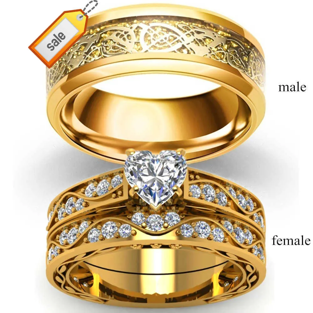 3pcs Fashion Jewelry 18k Gold Color Dragon Pattern Stainless Steel Couple Rings Zircon Heart Wedding Ring Set for Bridal