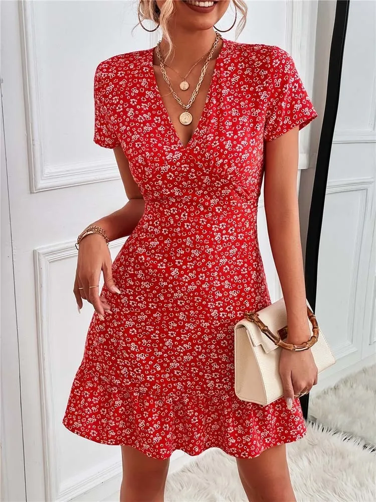 Basic Casual Dresses Summer Short Boho Dress Women v Neck Print Floral Party Ladies Bohemian Flower Mini for 230531