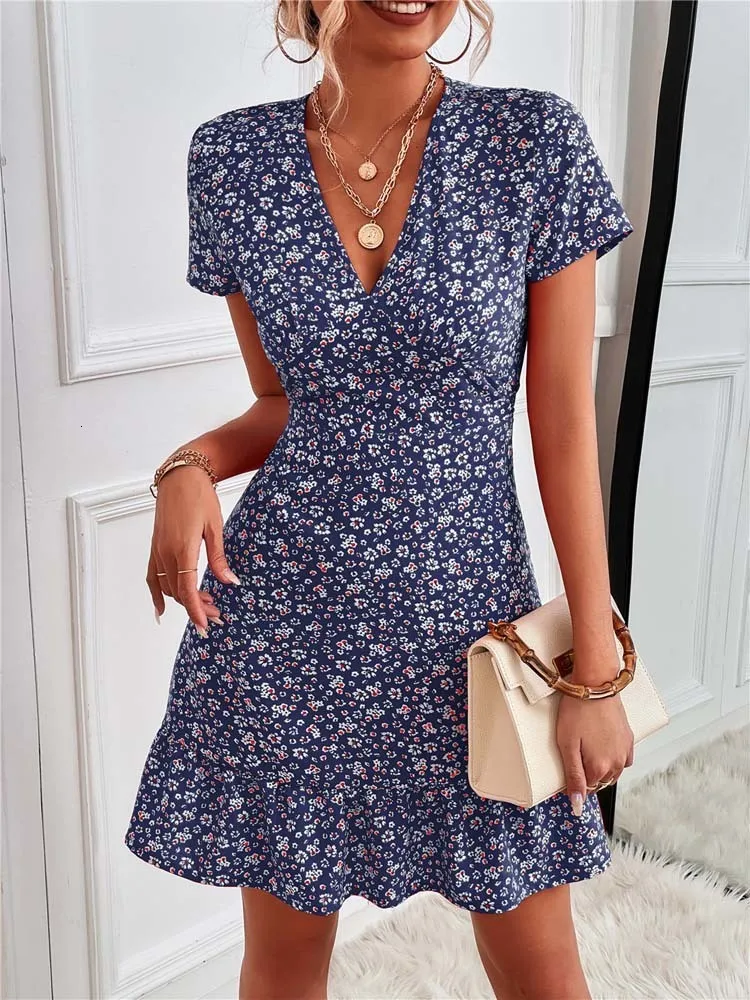 blue boho dress short Blue Floral Smocked Drop Waist Mini Dress main image 1