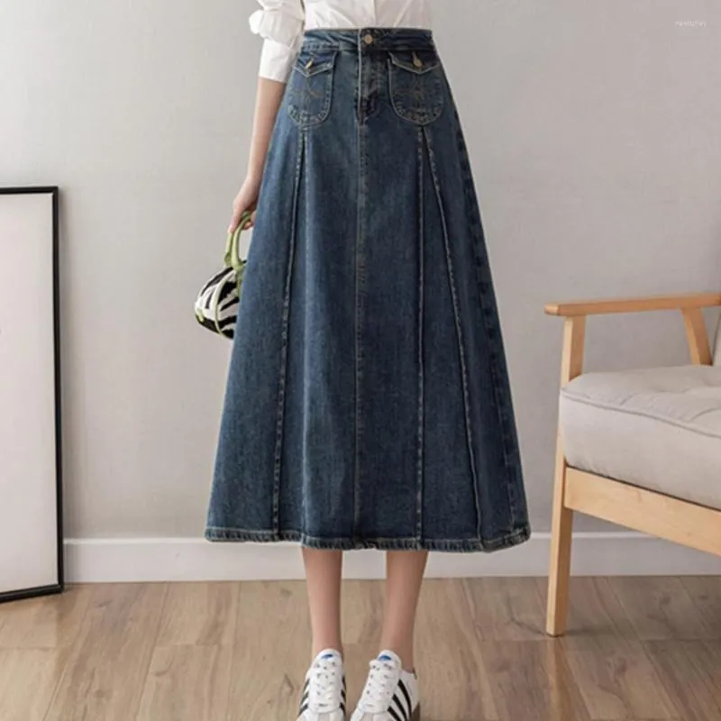 Kjolar långa kvinnor vintage mellanlängd denim kjol koreansk mode y2k streetwear blå jeans veckad kvinna